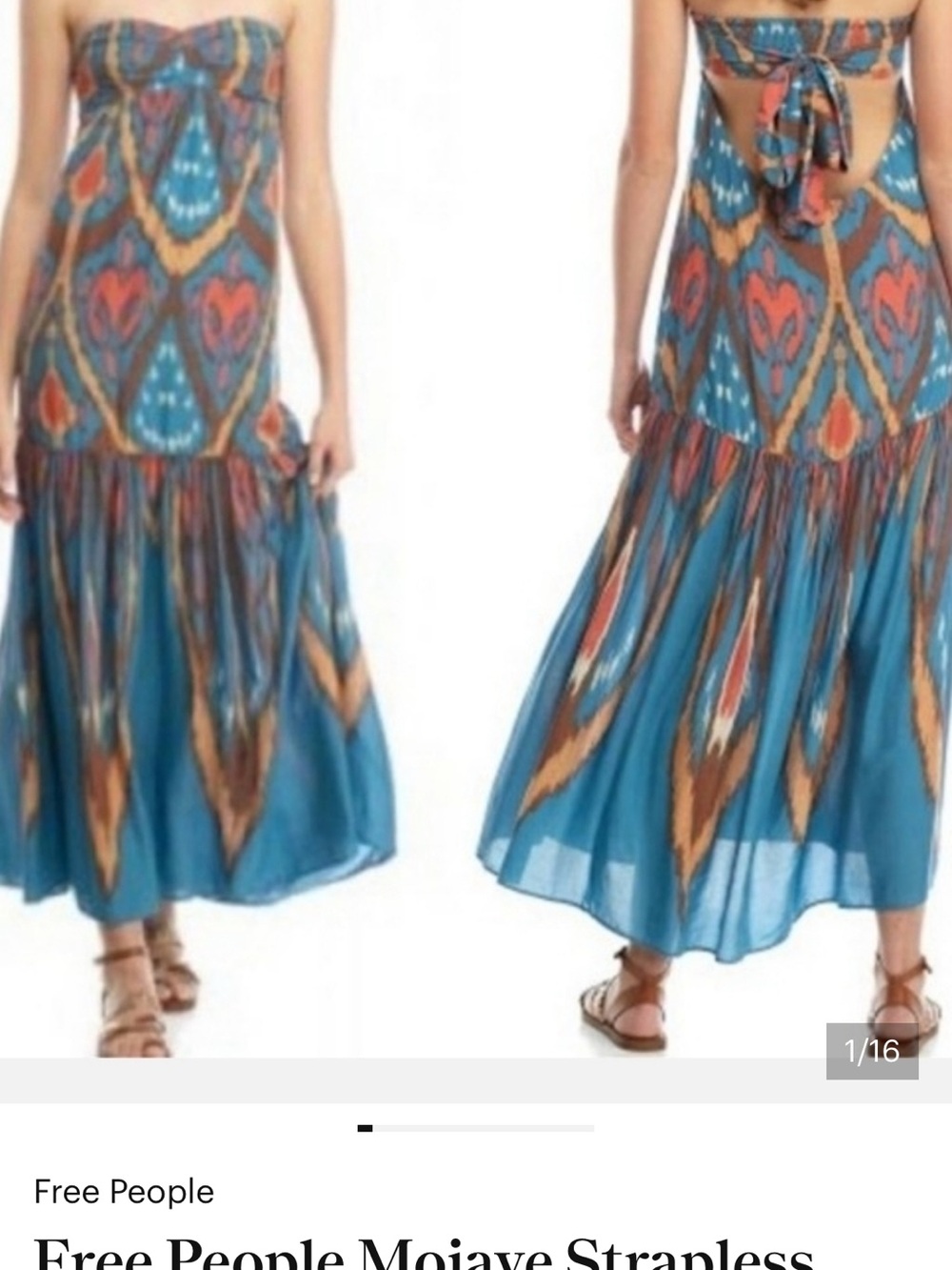 Free People Teal and Coral Ikat Strapless Maxi Skirt